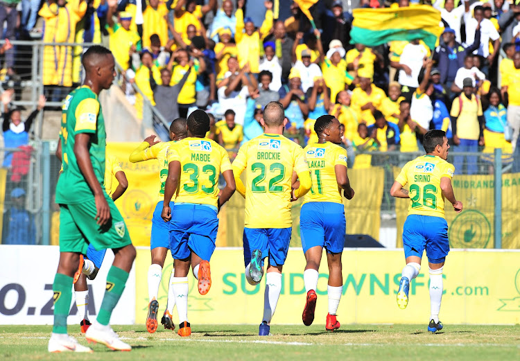 Sibusiso Vilakazi celebrates with his Mamelodi Sundowns after scoring the opening goal in a 2-0 MTN8 quarterfinal win over Lamontville Golden Arrows at Lucas Moripe Stadium, Pretoria on August 11 2018.