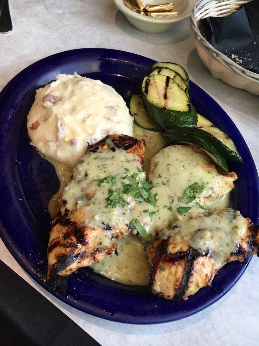 Lime cilantro chicken with grilled zucchini and mashed potatoes. Epic!