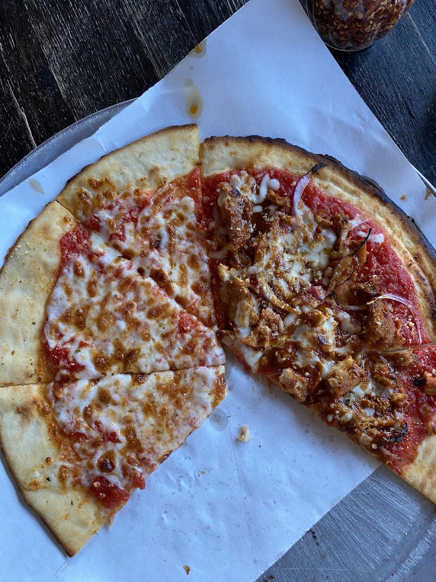 Half cheese, half bbq chicken.