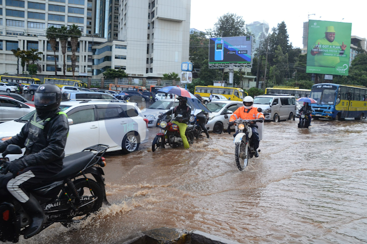 A section of Kenyatta Avenue near the Integrity Centre flooded with water after heavy downpour on April 24, 2024.