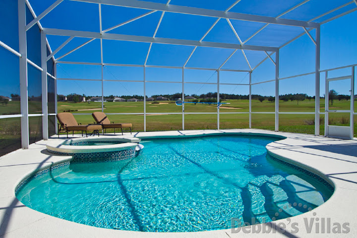 Stunning golf course views across the pool deck on Highlands Reserve