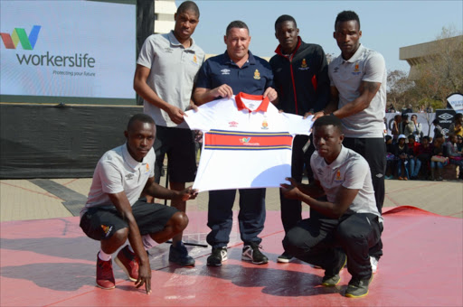 New players, Itumeleng Nkwana, Botshelo Mfulwane, Steve Barker (Coach), Denver Mukamba, Vuyisile and Sfiso Namande during the University of Pretoria season and kit launch. Picture Credit: Gallo Images