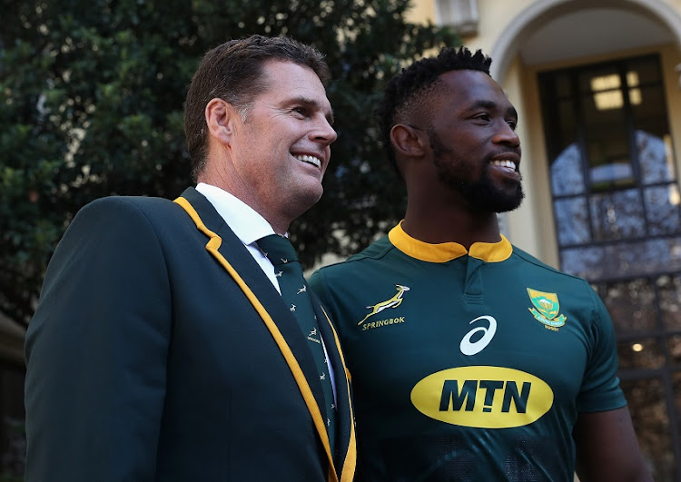 Siya Kolisi, the first non white, captain of the South Africa Springboks poses with head coach Rassie Erasmus during the South Africa media session.