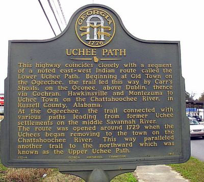 This highway coincides closely with a segment of a noted east-west Indian route called the Lower Uchee Path. Beginning at Old Town on the Ogeechee, the trail led this way by Carr´s Shoals, on the...