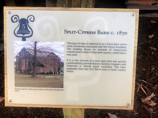 This type of barn is referred to a a Pieux Barn and is most commonly associated with the French Acadians. The building shows an example of inexpensive construction in which hand-split cypress,...