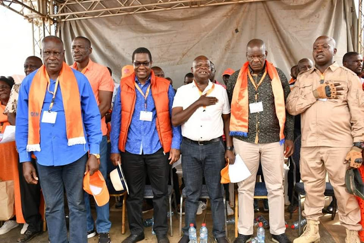 Ugunja MP Opiyo Wandayi accompanied by other leaders in Kisumu during the launch of ODM party membership recruitment drive in Mamboleo, Kajulu Ward within Kisumu East Constituency, April 19, 2024.