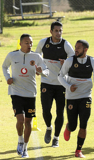 Kearyn Baccus, Leonardo Castro and Reeve Frosler of Kaizer Chiefs during their training session at Naturena yesterday.