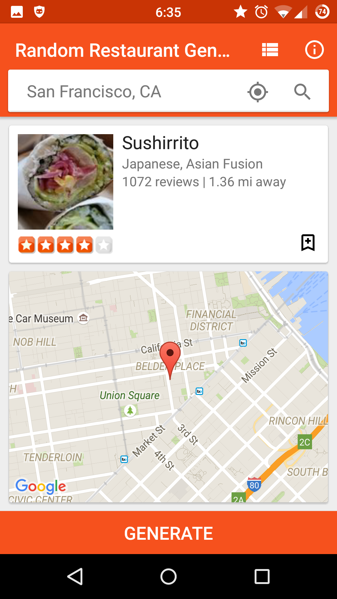 Android application Random Restaurant Generator screenshort