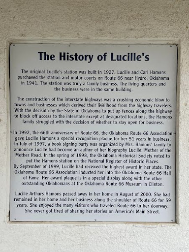 The History of Lucille's The original Lucille's station was built in 1927. Lucille and Carl Hamons purchased the station and motor courts on Route 66 near Hydro, Oklahoma in 1941. The station was...