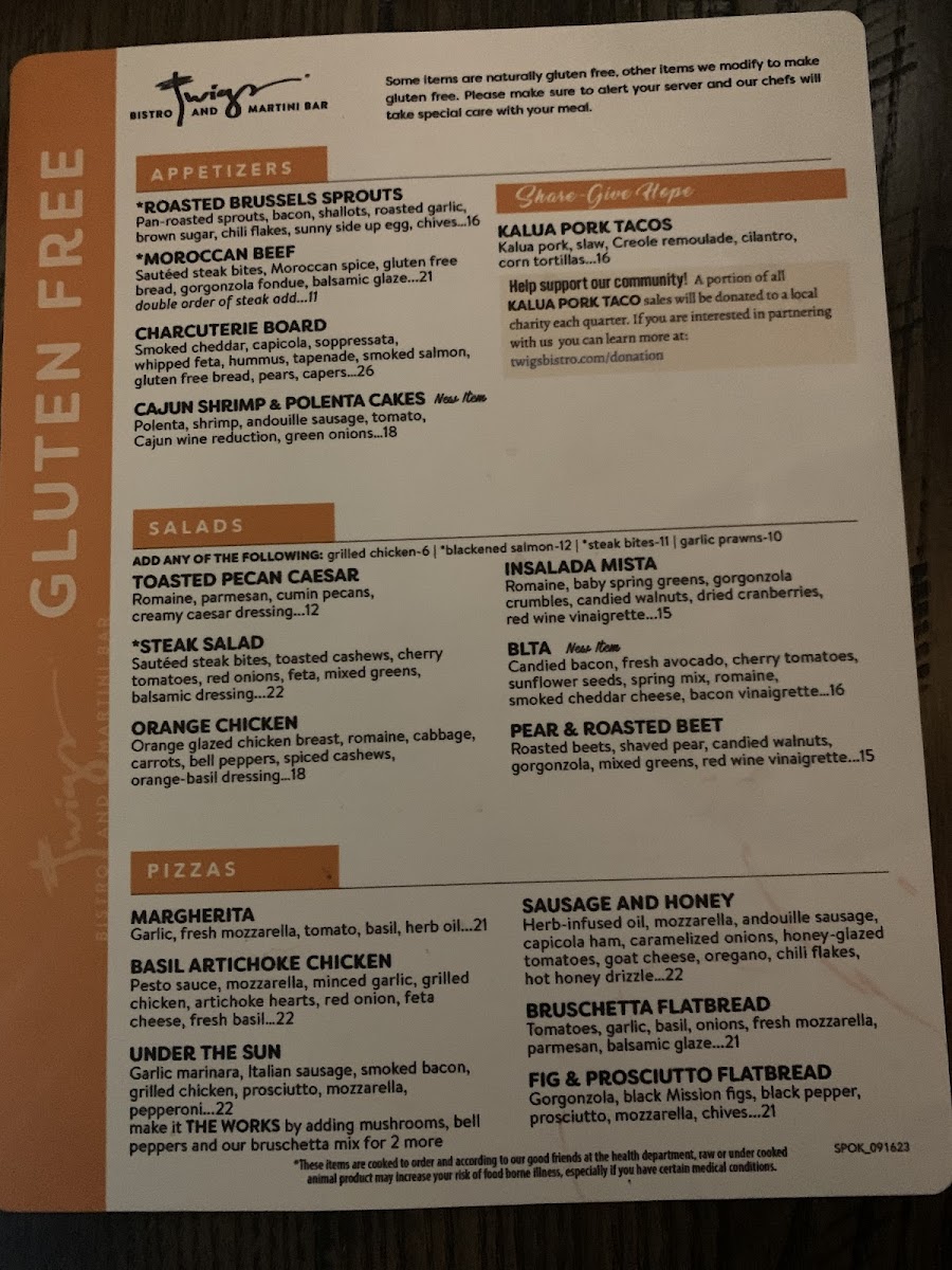 Twigs Bistro gluten-free menu