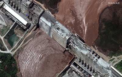 A 2020 handout satellite image shows a closeup view of the Grand Ethiopian Renaissance Dam (GERD) and the Blue Nile River in Ethiopia