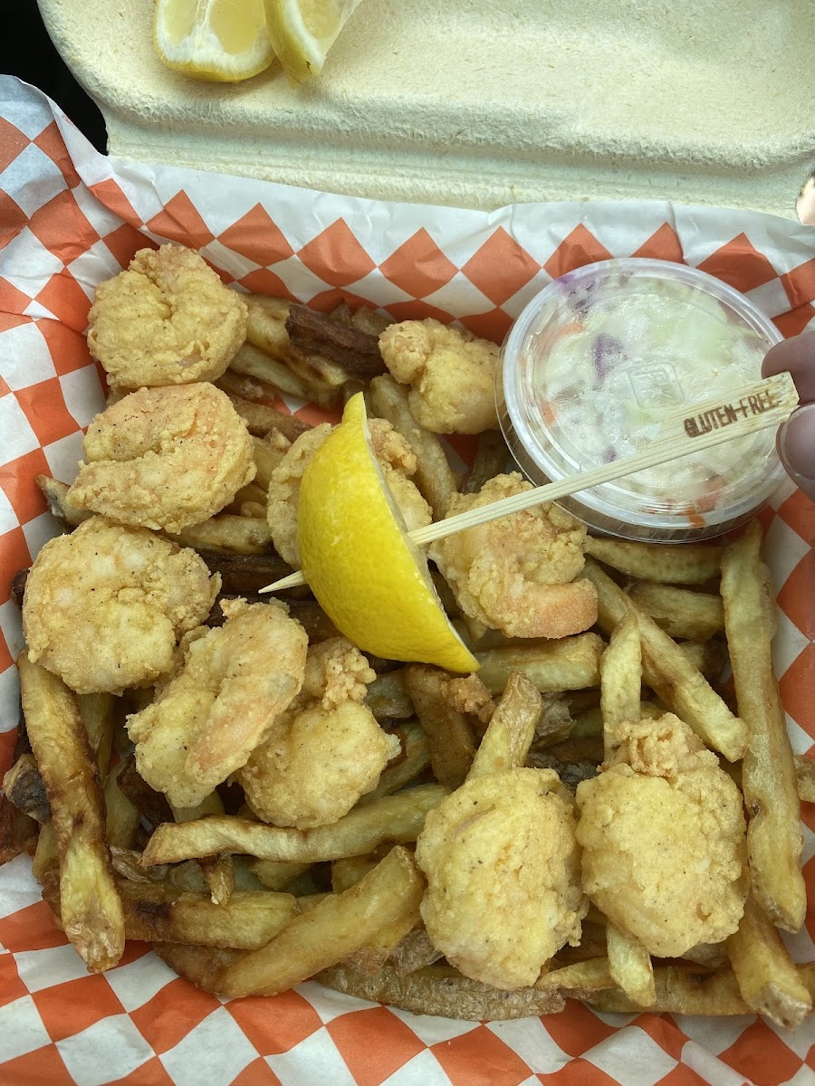 Fried shrimp + fries (marked with pick)