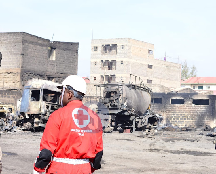 An emergency responder from the Kenya Red Cross at the scene of the explosion in Embakasi on February 2, 2024