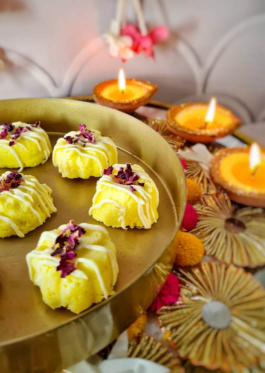 Burfee bites that combine Indian staple ingredients with a pinch of saffron.