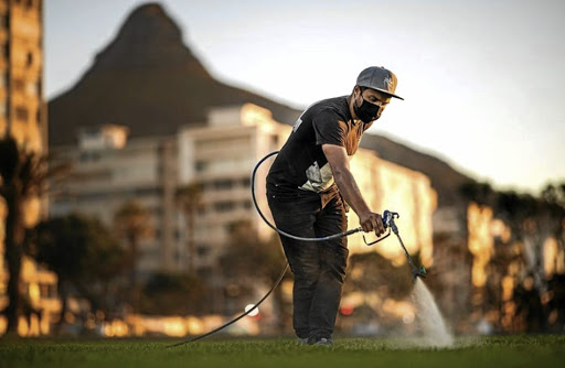 Saype creates monumental frescoes on grass.