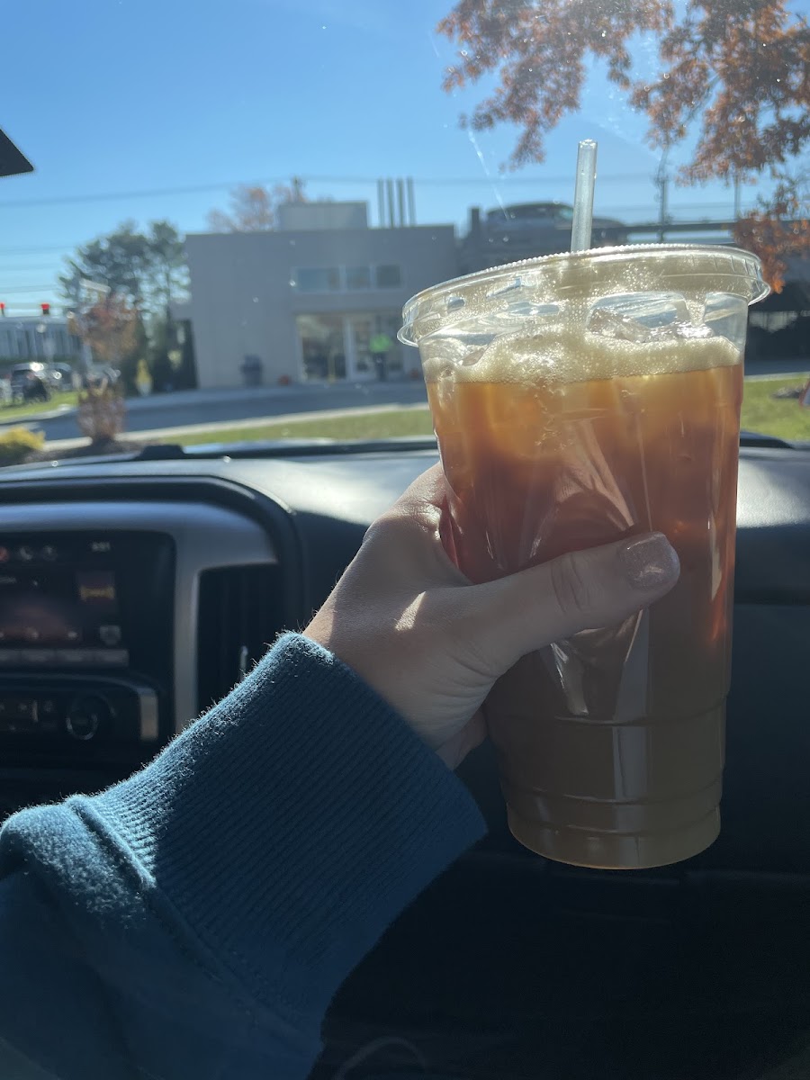 Iced decaf with oat milk and maple!