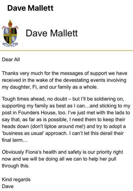 Dave Mallett's letter to Bishops parents.