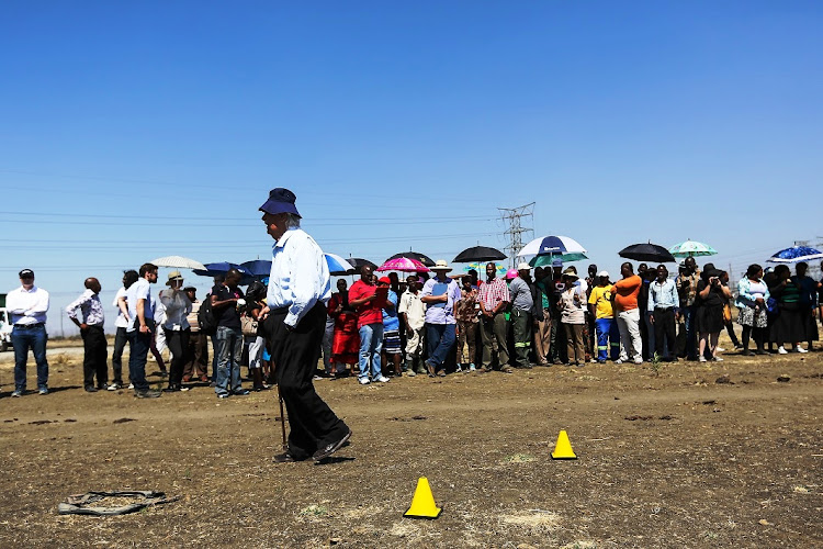 September 8 2014. George Bizos, who represented the families of the 34 dead miners during the Marikana strike, was part of the large crowd of lawyers, police officers, journalists and evidence leaders gathered in Marikana, North West, on Monday.