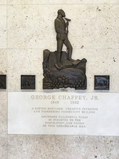 Plaque inside terminal 4 at Ontario, CA airport honoring George Chaffey who, with his brother William, developed large parts of Southern California, including the cities of Ontario and Upland....