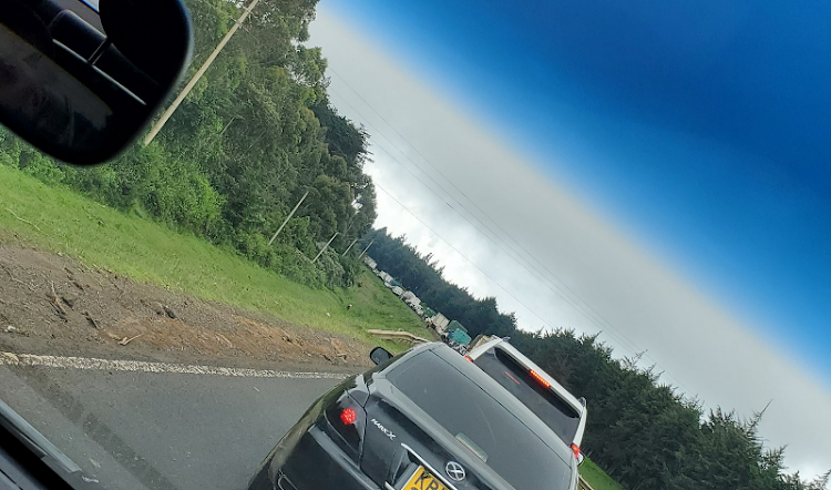 Motorists stuck on traffic on the Nairobi-Nakuru highway at Kinale Forest near Soko Mjinga on Friday, April 19, 2024.