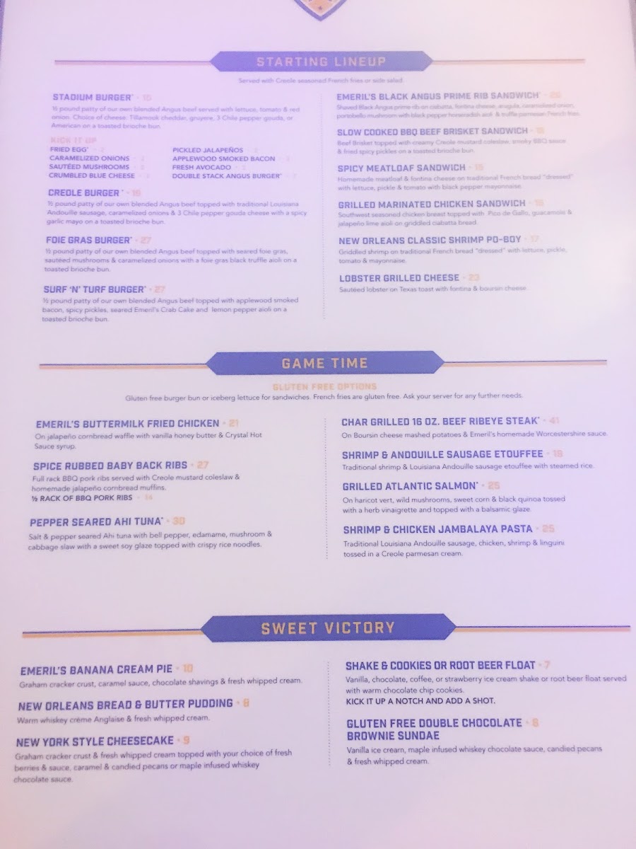 Lagasse's Stadium gluten-free menu