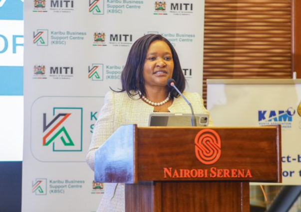 Trade and Investments CS Rebecca Miano speaking during the launch of Karibu Business Support Centre (KBSC) at the Ministry’s headquarters on April 15, 2024.