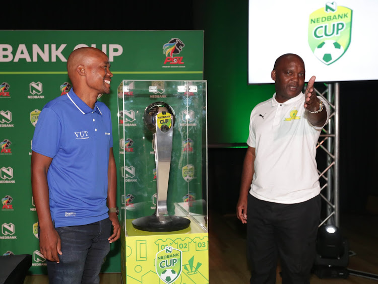 Vaal University of Technology FC coach Stanley Nkoane (L) with his Mamelodi Sundowns counterpart Pitso Mosimane during the Nedbank Cup media briefing in Sandton on February 20 2020.