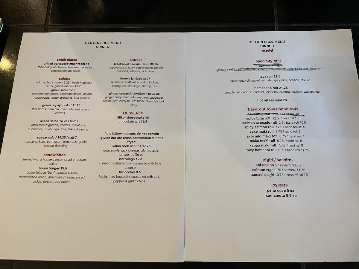 Three's Bar & Grill gluten-free menu