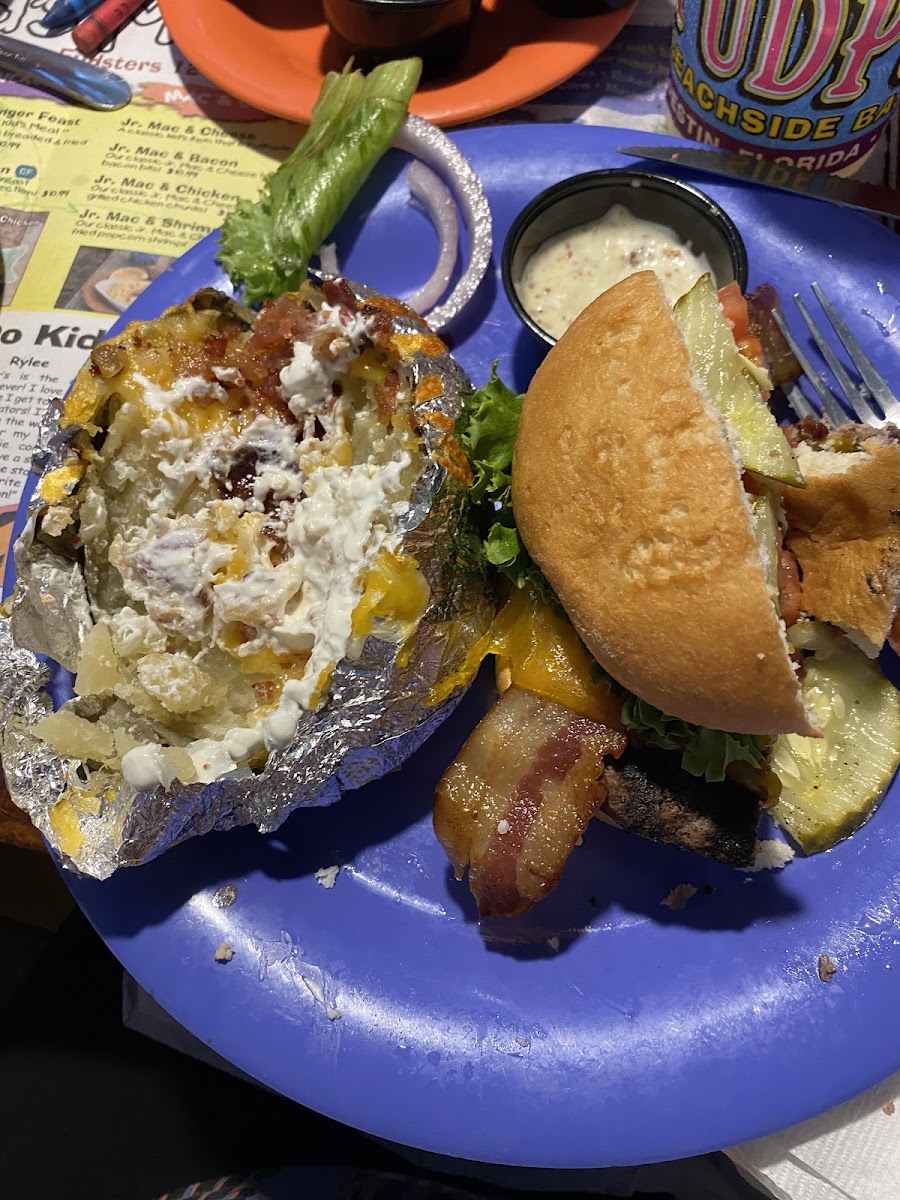 Yum! Cheeseburger and loaded baked potato