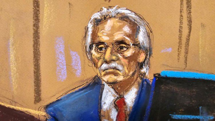 David Pecker is cross examined by Emil Bove during former US President Donald Trump's criminal trial on charges that he falsified business records to conceal money paid to silence porn star Stormy Daniels in 2016, in Manhattan state court in New York City, US April 26, 2024 in this courtroom sketch.