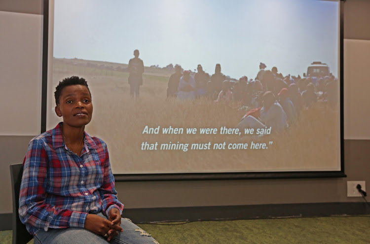 Nonhle Mbuthuma, leader of the Amadiba Crisis Committee, speaks at an event hosted by Amnesty International in Johannesburg on Monday December 10 2018.