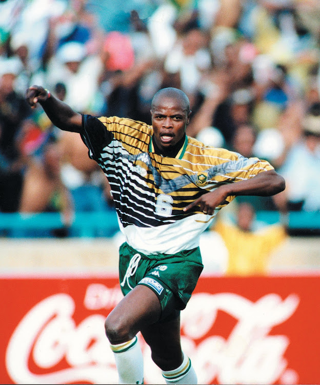 Phil Masinga celebrates scoring South Africa’s only goal in the game against Congo, which booked the country a place in the 1998 Soccer World Cup in France.