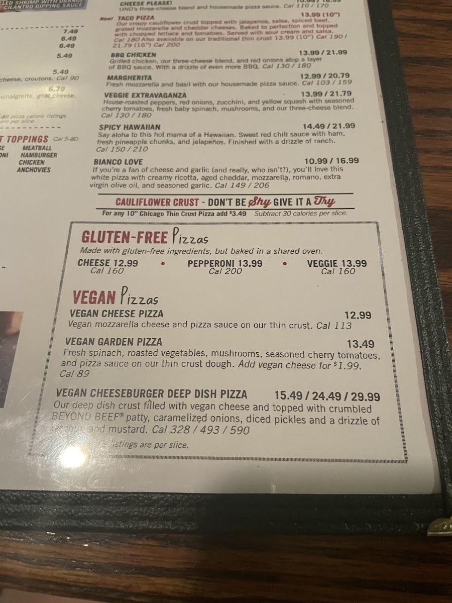 UNO Pizzeria & Grill gluten-free menu