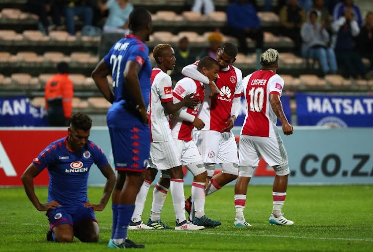 Fagrie Lakay of Ajax Cape Town celebrates goal with teammates during the Absa Premiership 2017/18 football match between Ajax Cape Town and SuperSport United at Athlone Stadium, Cape Town on 28 February 2018.