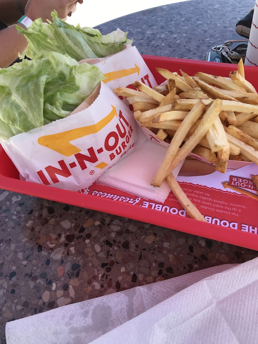 The single hamburger lettuce wrap with no toppings and some french fries.