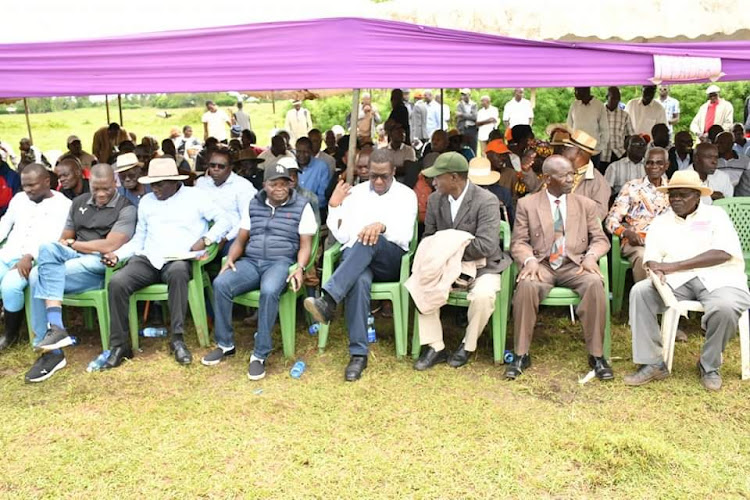Minority leader in the National Assembly Opiyo Wandayi accompanied by other leaders within the county in Nyando Sub County during the burial of Canon Hilkia Muga Adhiambo Lomo one of the political lieutenants of the late Jaramogi Oginga Odinga.