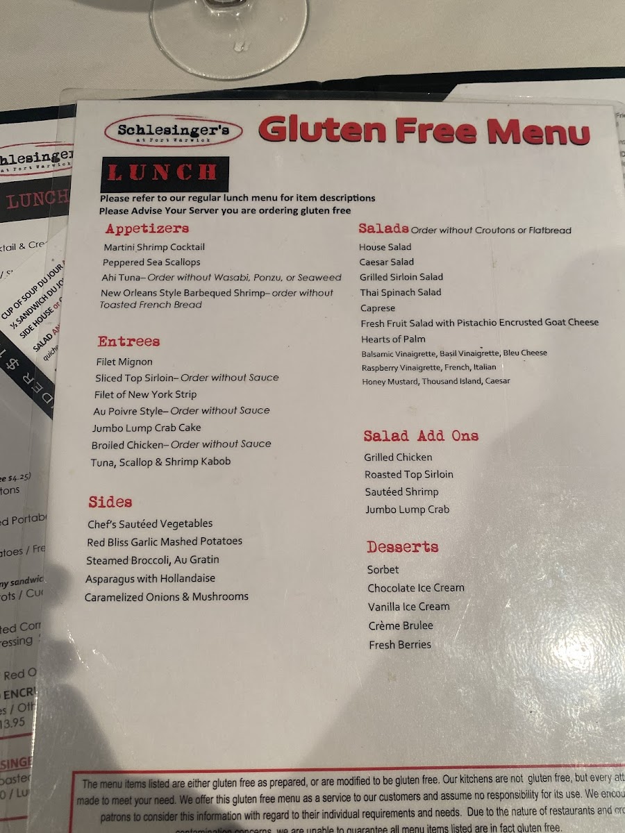 Schlesinger's Steakhouse gluten-free menu