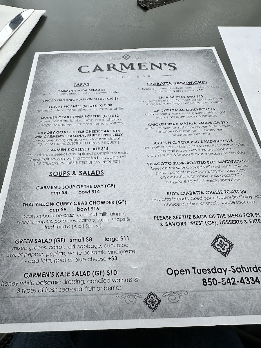 Carmen's Lunch Bar gluten-free menu
