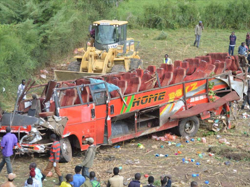 The scene where a Kakamega bound bus rolled killing 58 people on Wednesday morning. COURTESY
