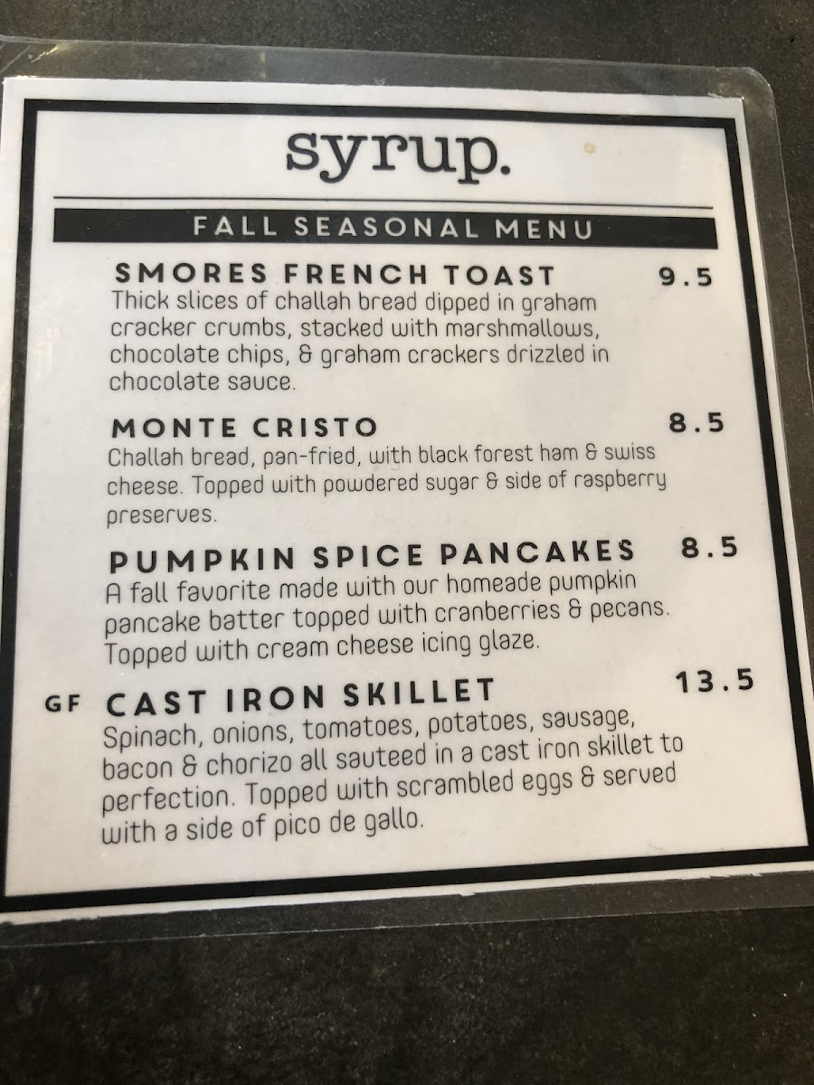 syrup. gluten-free menu