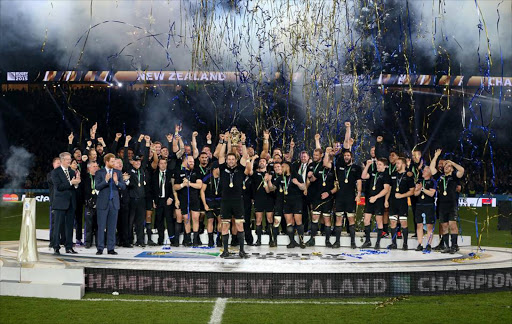 The All Blacks celebrate their 2015 Rugby World Cup victory.