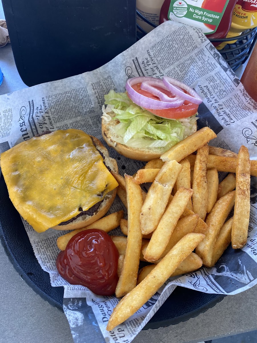 Adult burger and fries