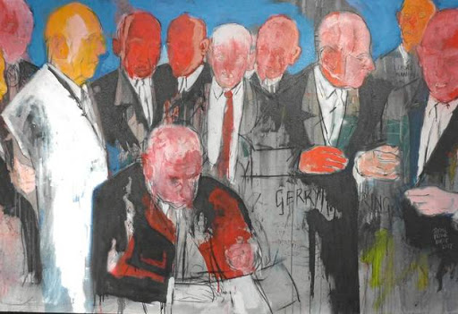 Jason Bronkhorst's new show includes two new group portraits, both depicting earnest white men huddled around a leader signing his name to paper.