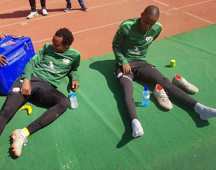 Bafana Bafana players Percy Tau and Thembinkosi Lorch during training.