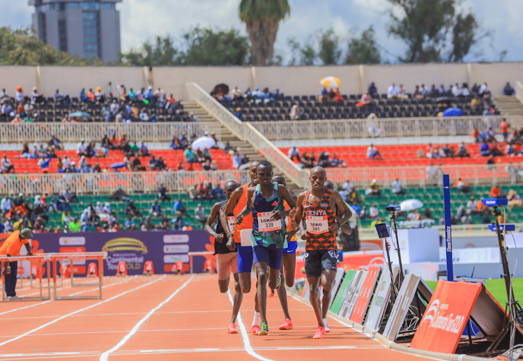 Male athletes during the Absa Kip Keino Classic sponsored by Absa Bank, at the Nyayo National Stadium on April 20, 2024.