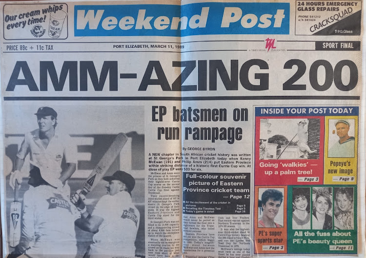 Weekend Post’s front page pays tribute to Philip Amm’s brilliant Currie Cup final double century in 1989