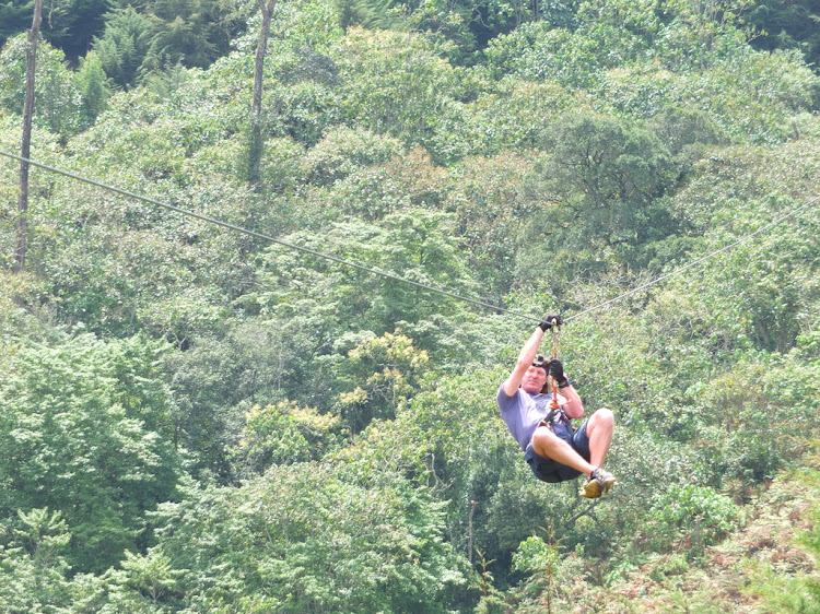 Zip lining in the forest.