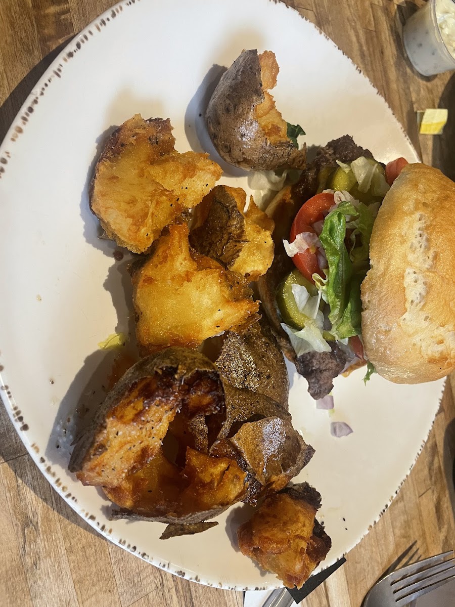 Burger on Gluten Free bun with crispy spuds