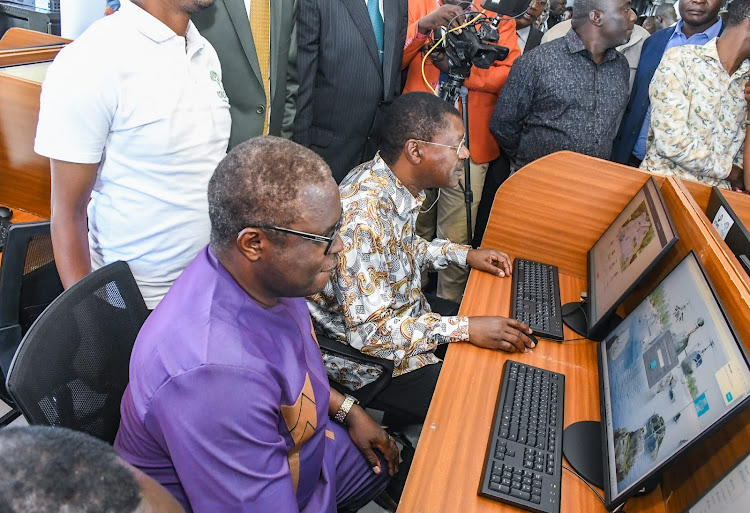 Wetang'ula and Governor Lusaka inside the newly launched digital skills laboratory at Bungoma County Assembly on April,29,2024.