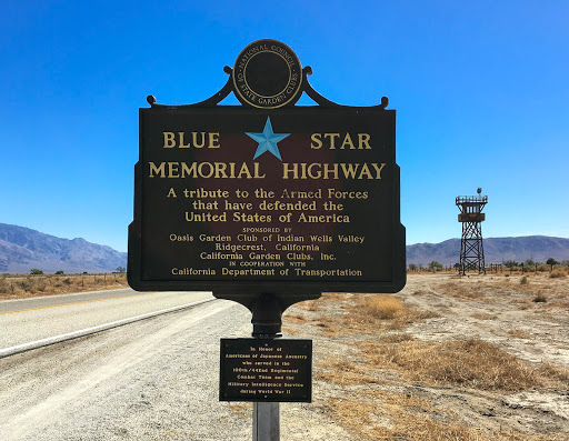   These Blue Star Memorial Highway signs seem ubiquitous and may not typically qualify as plaques. I'd argue that this particular one does. It's just outside Manzanar, the site of the World War II...